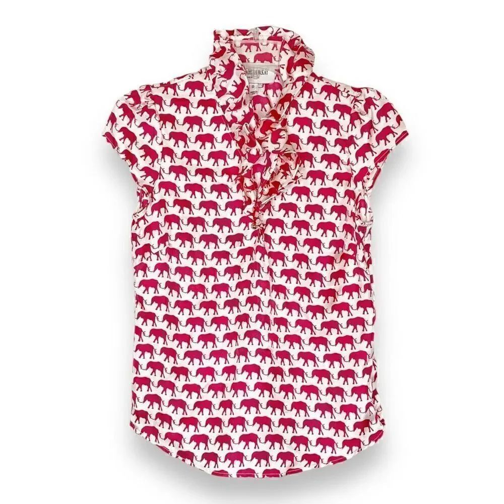 Elizabeth McKay ELIZABETH SHIRT Hot Pink Elephant Print Ruffle Blouse Top Size 0